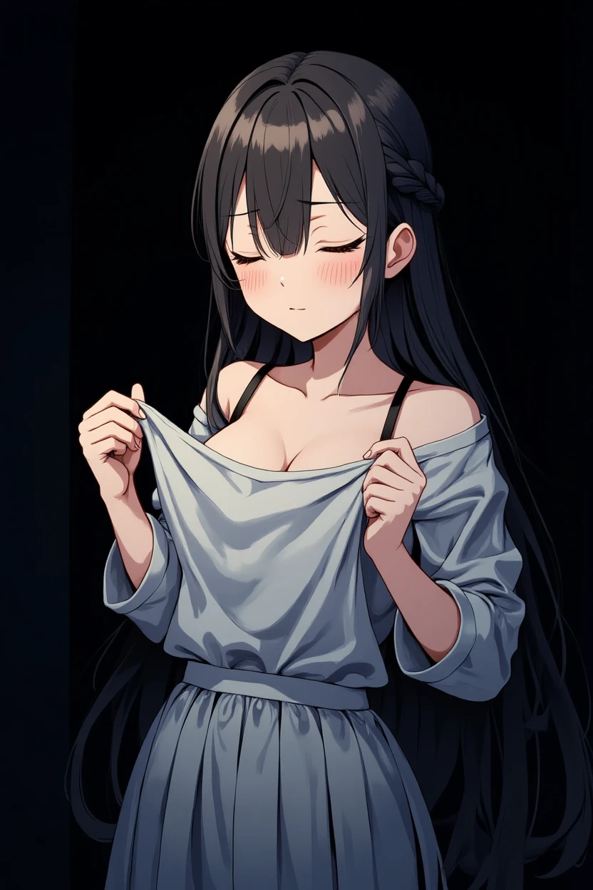 (masterpiece, high quality:1.4), break,White skin、
One Girl, Teen, alone, (Large Breasts:1.2),(Semi-long hair:1.2), Black Hair、bangs、Short Mash Hair、Tight waist, Brown eyes, break、Grey maxi dress、The whole body is visible、Black Mask、No sleeve、Off the shoulder