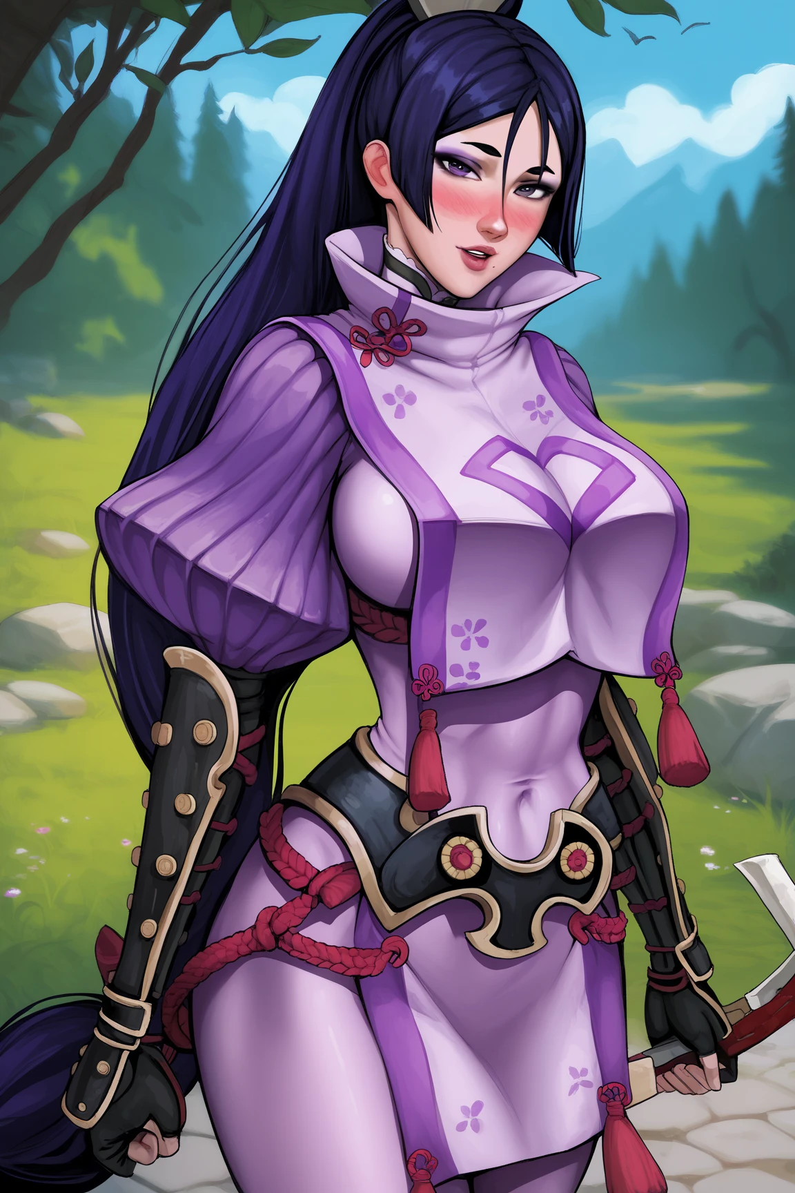 (An extremely delicate and beautiful) young woman with (long black high ponytail:1.2), (black parted bangs: 1.3) (violet eyes:1.3), (large breasts:1.4), is dressed in (tight+skimpy+red and white see-through kimono:1.3). Focus on (face:1.4) and present a (charming:1.2) expression. Large forehead, large forehead, large breasts, massive cleavage, (large forehead: 0.7), (massive cleavage: 1.4), (one woman: 3.2), (red kimono: 0.5), (white kimono: 0.5), (1girl: 2.5)