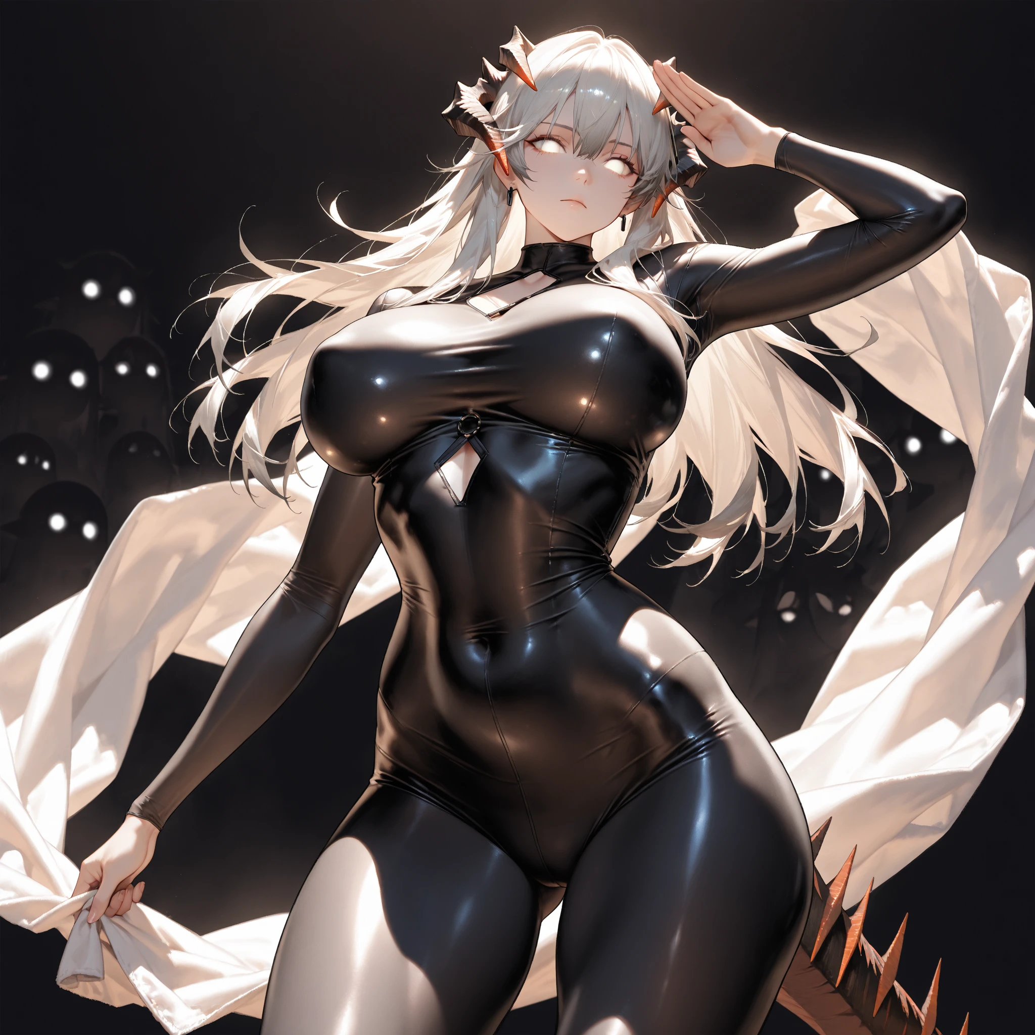 (((I want a woman alone, light skin, long gray hair, completely black eyes, medium curvy body, medium chest, Wearing nice clothes, a lascivious expression)))