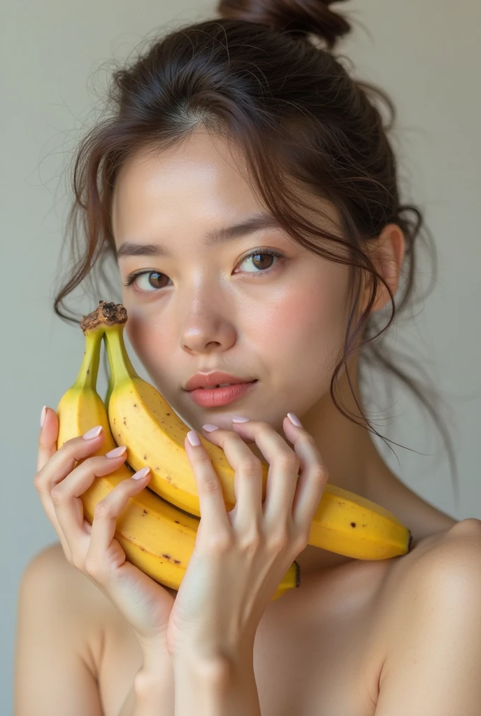 (Delicate face), (different face), (movie lighting), (ray tracing), (studio), (pink background), (textured skin), (4K), (best picture quality), (young and energetic), (masterpiece), (detail), (whole body), five lively girls with bananas in hand, smiling at the screen in different poses