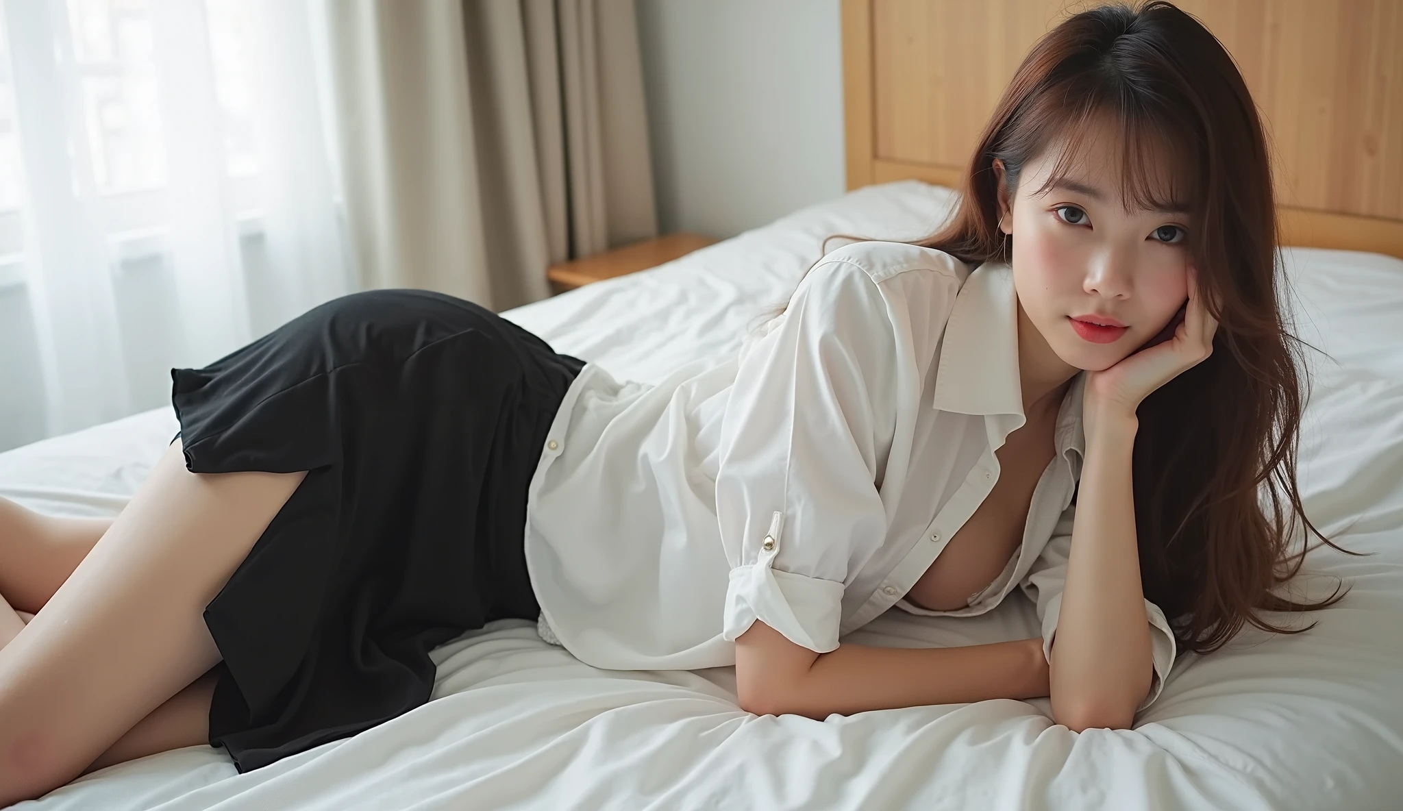 Japanese high school  girl，Being in a hotel，(get down on the bed:1.2)，(Being touched by men:1.5)，(It is penetrated by the crotch of a man)，Seen from the side， （（Best Quality））， （（intricate detailes））， （（Ultra-realistic realism））， Ridiculous resolution， A MILF， Mature Woman， See-through， ighly detailed， Illustration， 1. Mature Woman， （（Large breasts））， (areola of breast)，perfect hand， Detailed finger， Beautiful detailed eyes, Long hair, with brown eye， Name badge， vd， （high-school uniform：1.2）， Translucent white shirt， Black Pencil Skirt， Stockings，Nipple ring， detailedbackground， Bedrooms， perfect  eyes， Seductive eyes，cocked ass，Reddened face，(weeping:1.2), Exposed , visible areolas, sexual , Men having sex with women, Beautiful face, NSFW