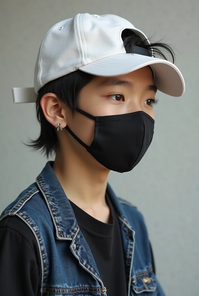 A young man wearing a smiling mask