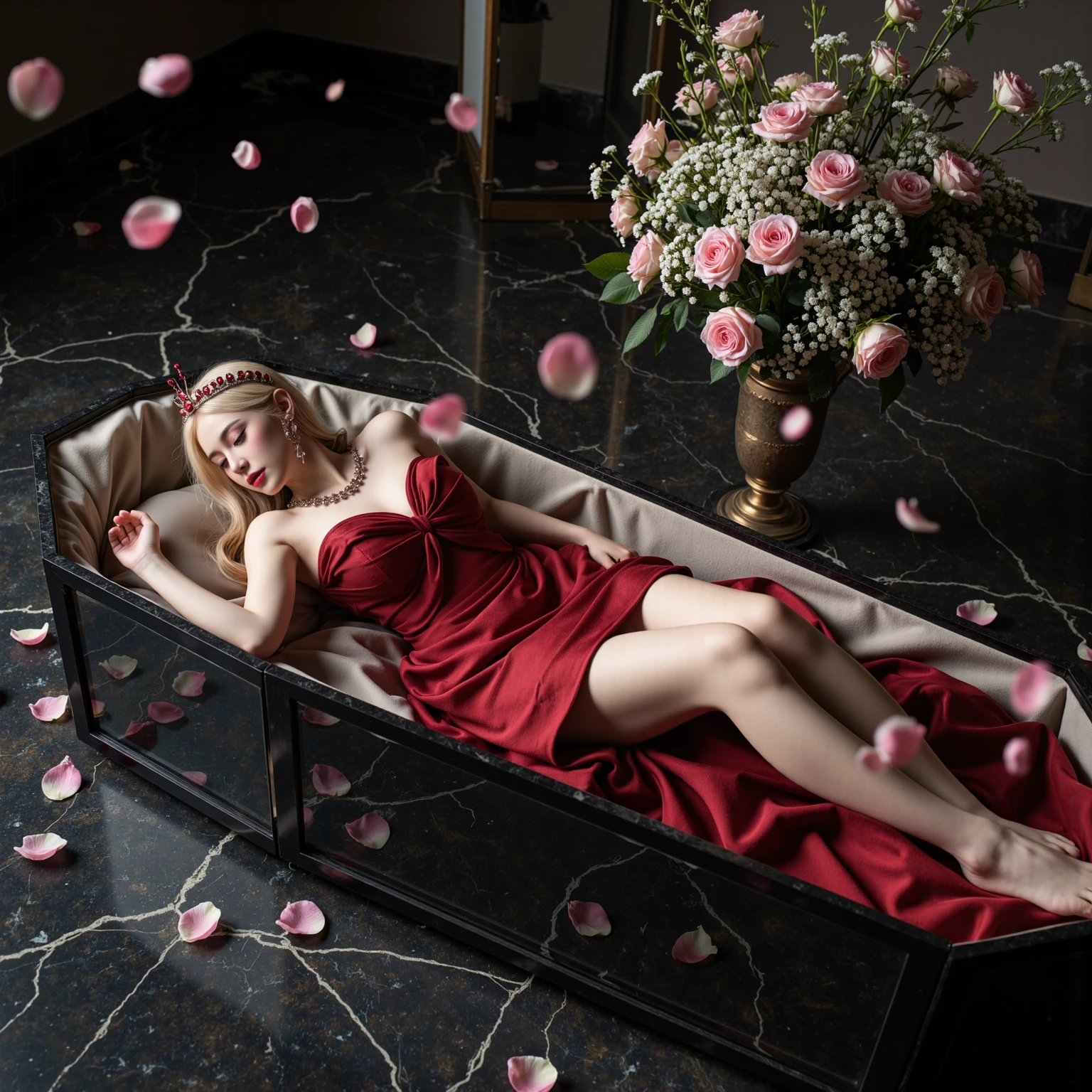In a striking 8K HDR scene, a stunning Korean woman, 22 years old, lies peacefully in a colorful coffin surrounded by plush pillows. The deep box is set against a rich black background, accentuating the beauty of the subject. Her exquisite kebaya with sleeve attire is embroidered with superb detail, showcasing her round and firm breasts, perfect cleavage, and beautiful eyebrows. Her closed eyes and mouth give an air of serenity, while her visible and absolute cleavage leave nothing to imagination. The scene is bathed in saturated colors, highlighting every intricate aspect from the ball skirt to her clean face, straight body, detailed hand perfect hands, straight body.
