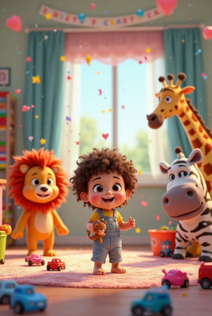 Eight month old baby girl safari dress black wavy curly short hair big round dark eyes full mouth in a jeep with a baby lion a baby zebra a baby giraffe a baby elephant baby inside the jeep Pixar 3D