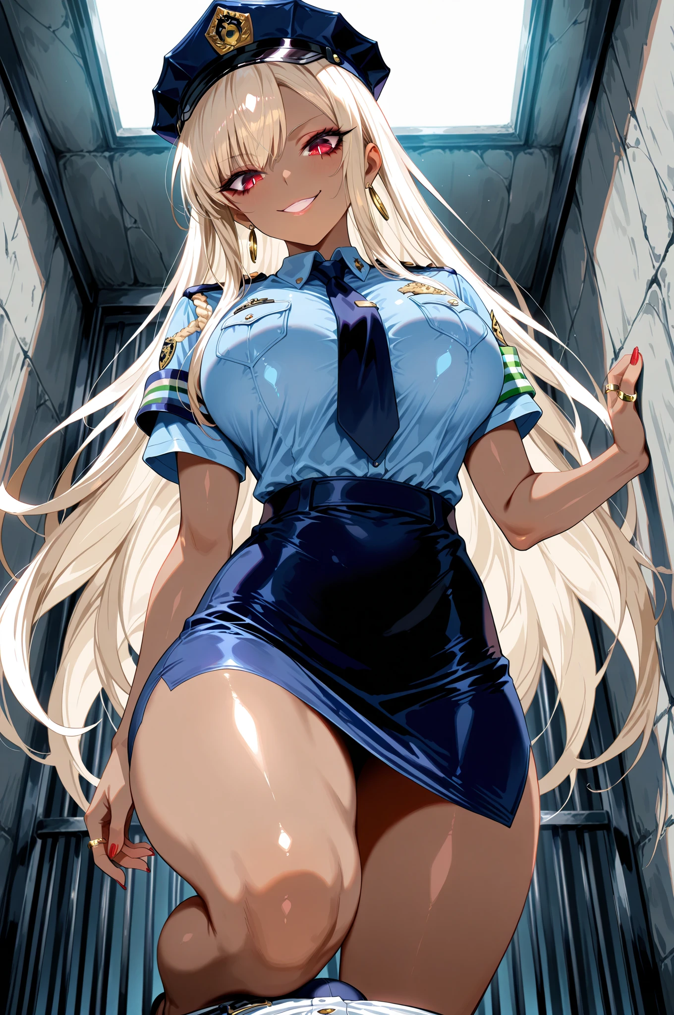 hmrb, Rebecca bluegarden (eden zero series), 1woman, solo, long hair, blonde hair, blue eyes, large breast, hair ornament, hairclip, earrings, detailed face, beautiful detailed eyes, beautiful nose, perfect eyes, perfect face, beautiful character design, perfect body, first-rate female bodies, jewelry, (white shirt), cleavage, cleavage cutout, blue details on clothes, white necklace, bare shoulders, (black detached sleeves), short skirt, pencil skirt, (black skirt), small side slit, black shoes, (8k, masterpiece, ultra HD): ultra-detailed, perfect anatomy and correct limbs, perfect light, colored skin, high definition photography, extremely detailed clothes, intricate and maximum details, balanced and composition, high quality and resolution, finely detailed, extreme skin and hair texture, highly detailed background, background: indoor house scene, standing,