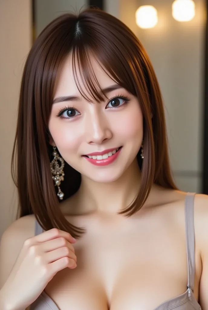 ((highest quality, 8k, masterpiece: 1.3)), 1 female, Japanese Mature,Sensual beauty: 1.3, (Hair style Brown hair Medium wave, big: 1.2), Nightwear　Bra Top: 1.1, Super slender face, Delicate eyes, double eyelid, smile,Dimples,Mole, Home,Plump body,very thick legs,Cowboys photographed from above,