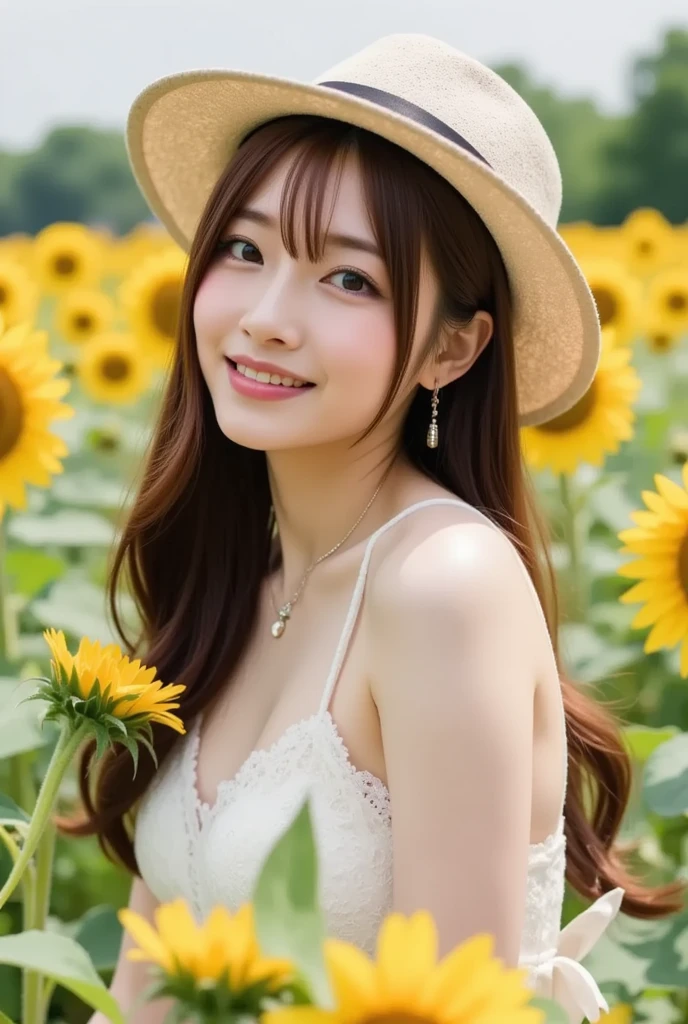 masterpiece、1 beautiful girl、Detailed eyes、Puffy eyes、highest quality, 超A high resolution, (reality: 1.4), Cinema Lighting、Japanese、Asian Beauty、so beautiful、Beautiful Skin、thin、Body facing forward、(超reality的な)、(High resolution)、(8k)、(Very detailed)、(beautiful Detailed eyess)、(Very detailed)、 (wall-)、Detailed face、Bright lighting、Professional Lighting、Looking at the audience、Look straight ahead、Summer Dresses、Straw hat、Long Hair, Asymmetrical bangs, 、Summer day、Brown Hair、Japanese Idols、Korean Idol、Fiery idol pose、、23 years old、expensive, smile, Nagasaki City、Sunflower field、