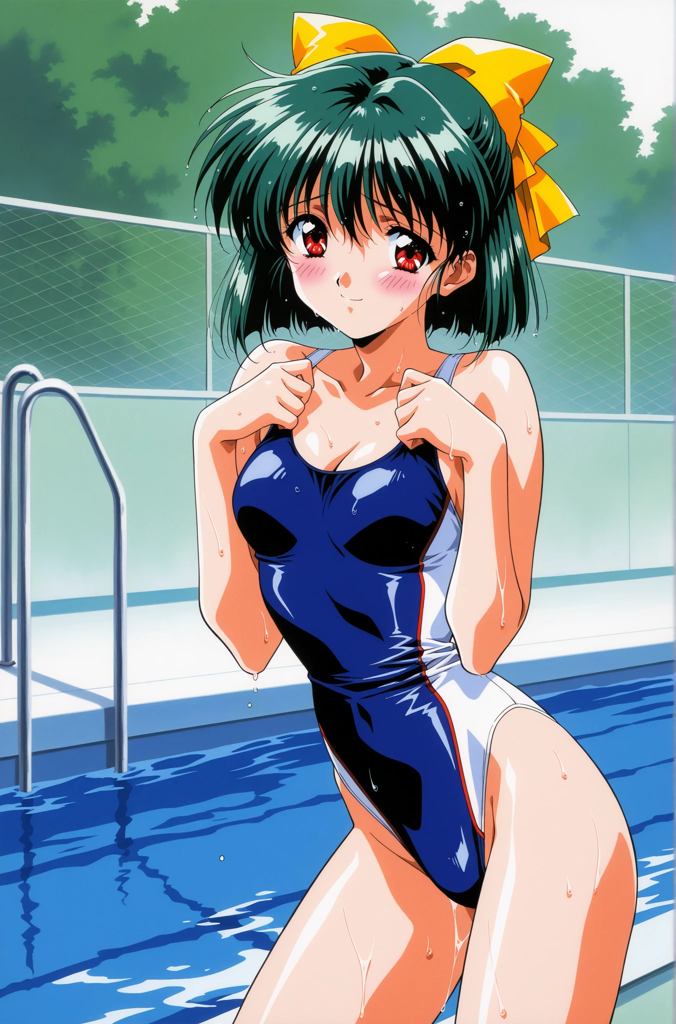 Browsing Caution),(High resolution),(High resolution),(High resolution),(8k),Ranma、1 person、See-through one-piece swimsuit、In the pool、A lot of sperm in the chest
