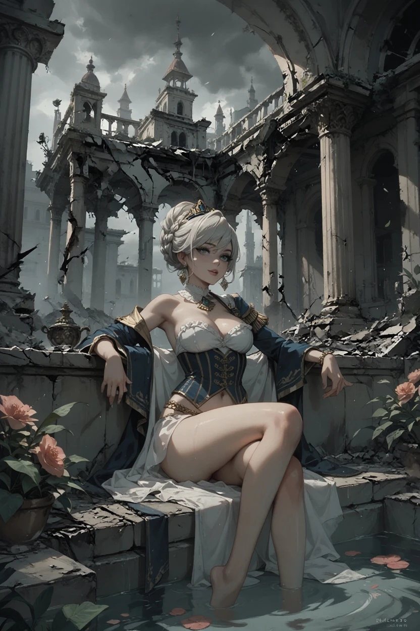 Masterpiece, Best quality, Sharp, solofocus,
Portrait of a beautiful princess, Hair tied in a bun, Detailed eyes, Medium breasts, Silk dress, posing on a, Smug, Outdoors, Buildings, pigeons,
voluminetric lighting, particle fx, (color difference), dualtone,