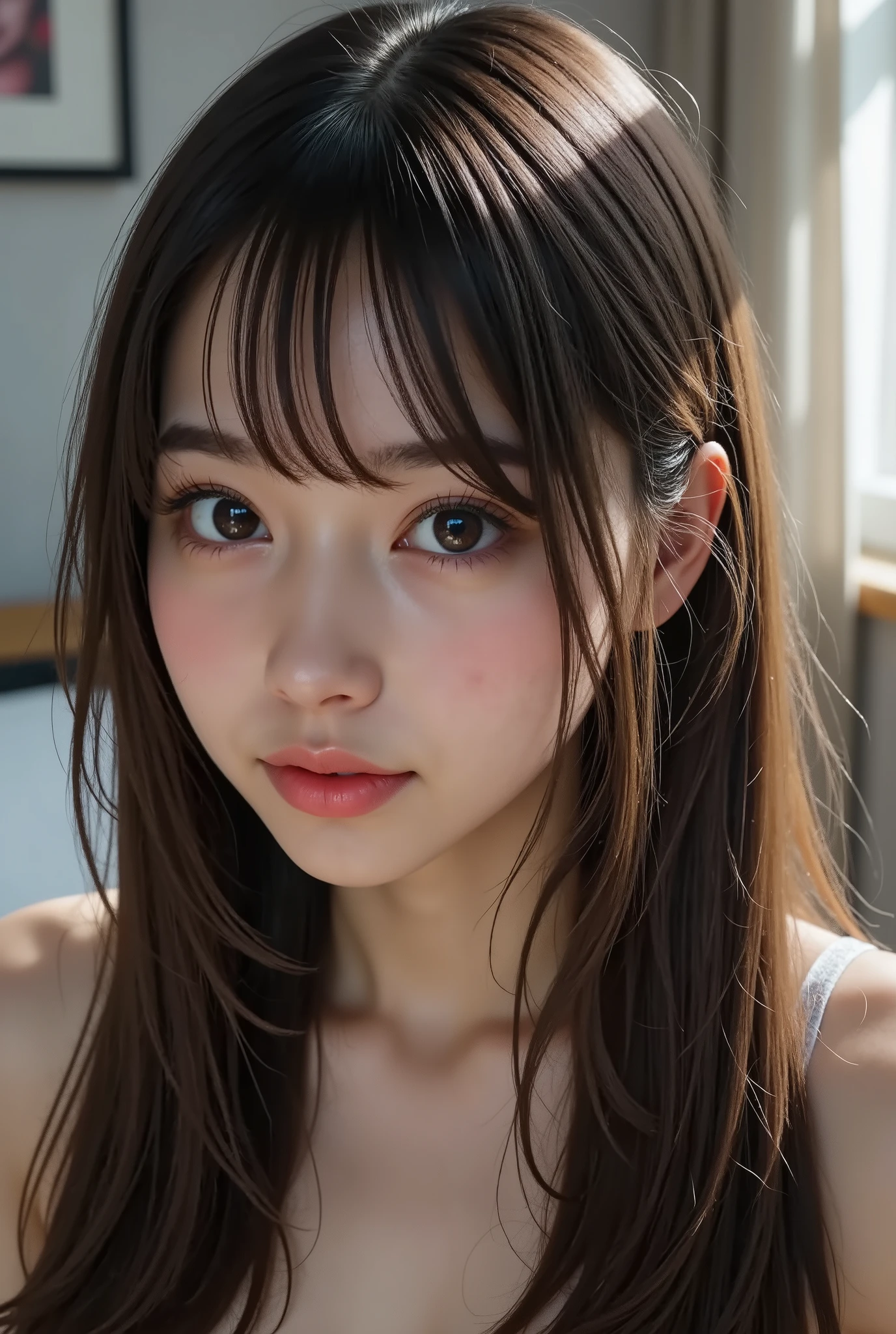 巨作, 1 Beautiful girl, detail detail, Swollen eyes, Top  Quality, ultra-highres, (reality: 1.4), original photos, 1Girl, Movie lighting, smile on face, Japanese people, an Asian beauty, Super beautiful, little young face, Beautiful skins, Slender, Background of cyberpunk, (ultra-real), (alta resolução), (8K), (extremely detail), (the best illustration), (beautifully detailed eyes), (ultra detaild), (wall paper), (details face), Watching your audience、 fine detailed, detailed faces、pureerosfaceace_v1、bangs bangs、dark colored eyes、Complex summer costumes、