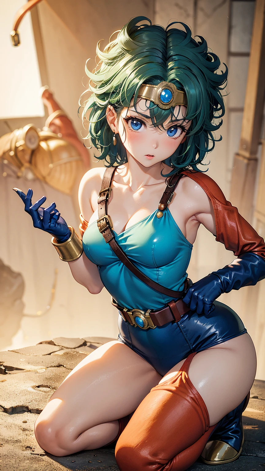 anime artwork  anime artwork masterpiece,best quality, unreal engine, ultra res, extremely detailed
ROUND BREASTS, medium BREASTS
1girl,  waist, slender,(muscular:0.9)
 HEROINE, 
CIRCLET, CURLY HAIR, GREEN HAIR, SHORT HAIR, ASYMMETRICAL CLOTHES, LEOTARD, BELT, SINGLE GLOVE, SINGLE SLEEVE, SINGLE THIGHHIGH
cave, holding sword, . anime style, key visual, vibrant, studio anime,  highly detailed.be enveloped in flames.fall on one's knees.Leotard is worn out.She can barely stand and supports herself with a sword.be on the verge of death.There are scratches all over my body.