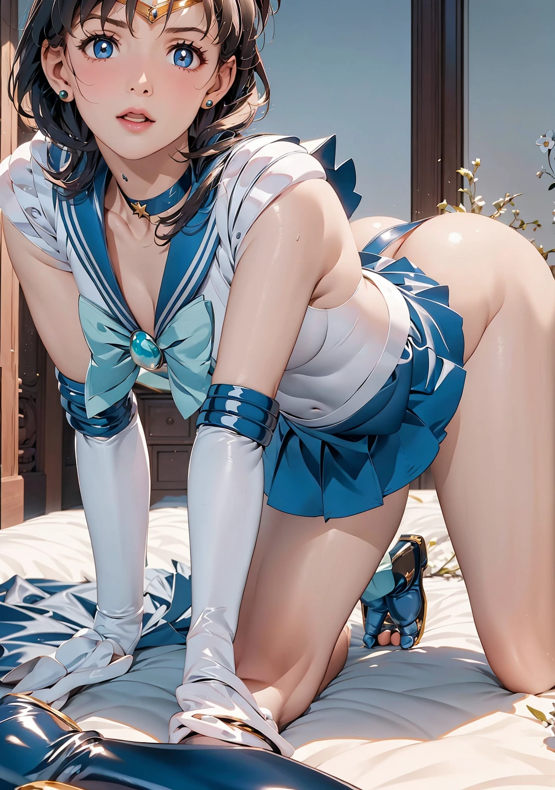 masterpiece, Highest quality, High resolution, Realistic, Show more1, tiara, Sailor Warrior Uniform, Blue Skirt, Blue sailor collar, tiara, bow, Knee Boots, choker, White gloves, blue choker, elbow gloves, jewelry, Earrings, Pleated skirt, Cowboy Shot, ((lying on bed:1.3)),((spread legs:1.3)), ((spread pussy:1.3)), Arms above head, Angle from below, ((Showing panties:1.3))