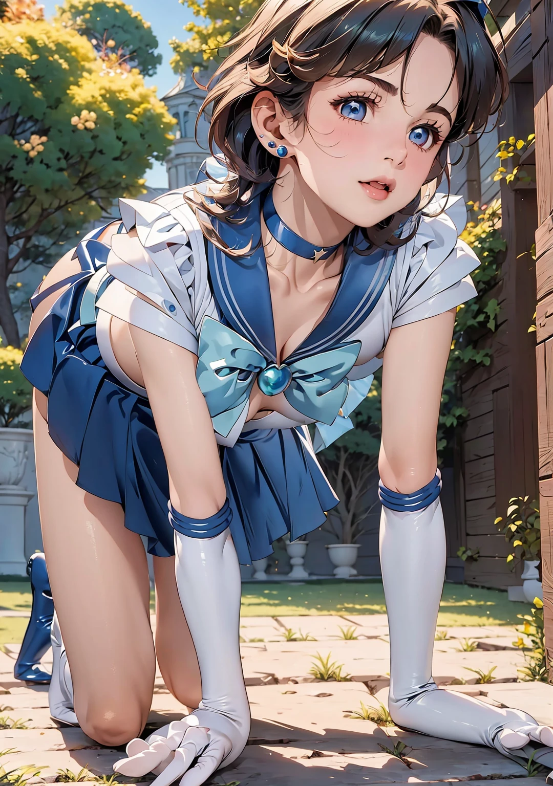 masterpiece, Highest quality, High resolution, Realistic, Show more1, tiara, Sailor Warrior Uniforms, Blue Skirt, Blue sailor collar, tiara, bow, Knee Boots, choker, White gloves, ((blue choker)), elbow gloves, jewelry, Earrings, Pleated skirt, Deep blue hair, At the bed, Angle from below, ((Spreading pussy:1.3)), Showing nipples