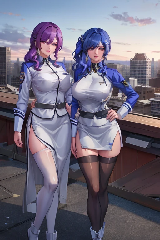 (8K ,Ultra-detailed,Super real photoest masterpiece,Nature,perfect work of art,perfect female body),two women,Sister and sister, sisters,rainbow hair,(huge tits),neighbor wife,woman hairstyle,elegant wife,At the police station,Exquisite and ,wearing police officer uniform,police uniform,super short thong,穿着低胸露肩police uniform,T-shaped small,huge tits big,naked leg,full body shoastic muscles,raised raised raised,Obscenity exposed ,