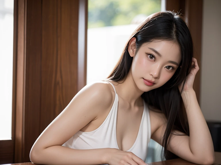 (((32ｋ,high details,high detail、masterpiece,attention to detail,Full body Esbian,alone))),Raw photo & realistic atmosphere,beautiful dark blue eyes,detailed mouth,glossy lips,thin eyebrows,fine eyes、Soft white skin that shines in every detail、her deep blue eyes are so beautiful,lip details、very beautiful face,very well-shaped face、lifelike face,shining beautiful lips,beautiful eyebrows,infinite reality, Realistic young gravure idol,very cute high school girl, , young gravure idol, young gravure idol, very beautiful and cute１7 year old beautiful girl,with a flushed face,incredibly beautiful and classy１7 year old beautiful girl,natural soft light,（black shiny hair,,Beautiful and kind eyes：1.5）,gentle smile,well-shaped chest,,immature body,medium long hair,Let your hair hang high and tie it together,beautiful posture,facing forward,no makeup,look straight ahead,hair ornaments,

