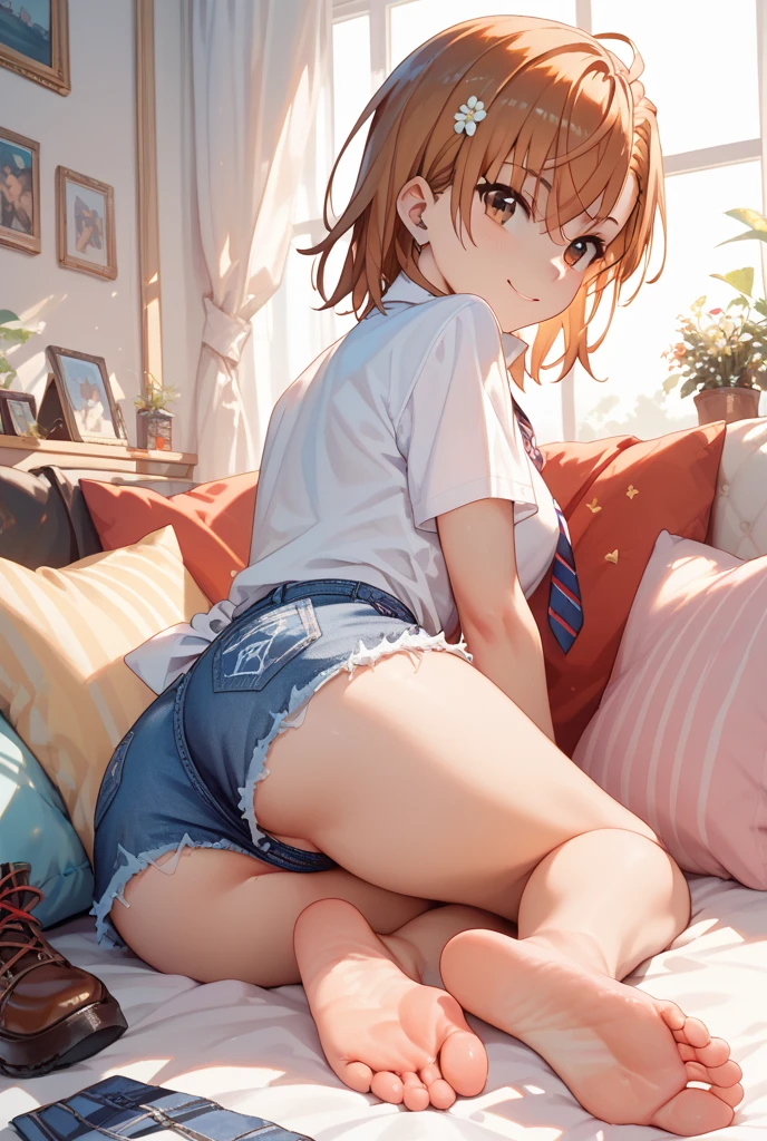 Sexy cowgirl,Red plaid　Short short sleeves　collared cowgirl shirt,Denim hot pants,Western belt with holster,Western Boots,Watch on wrist,Navel exposed,Drunk,Above the knee shot,Open your eyes,Lying in bed,Ultra-high resolution,16K