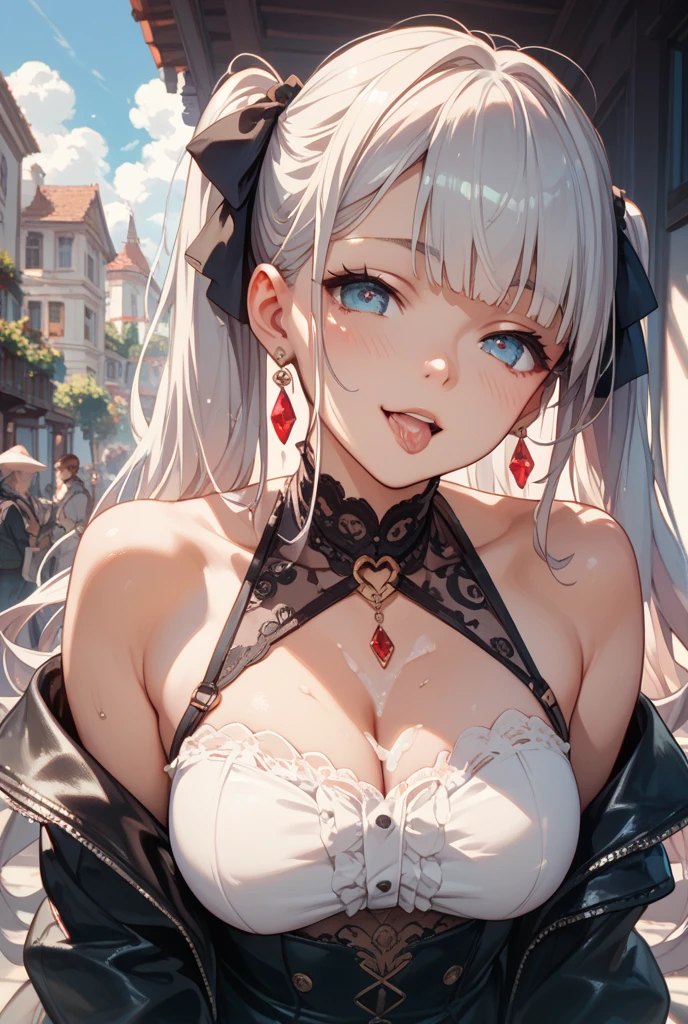 nsfw((dress_default, terrific_default)):1.5,((独奏, 1girl)) ((masterpiece,Highest quality,Highly detailed images,Beautiful images、Realistic、Dutch Angle)), (Bright lighting overall、Backlight、A fantastic atmosphere、Thick Fog、Dust flutters),(Dynamic pose、Looking up、Beautiful cleavage、large breasts)1.2, ((Beautiful starry sky:1.5、shooting star、Rooftop:1.2))((Flipping the fabric on the chest、Pick up clothes、One pink nipple is visible、Shy expression))、Black sleeves
