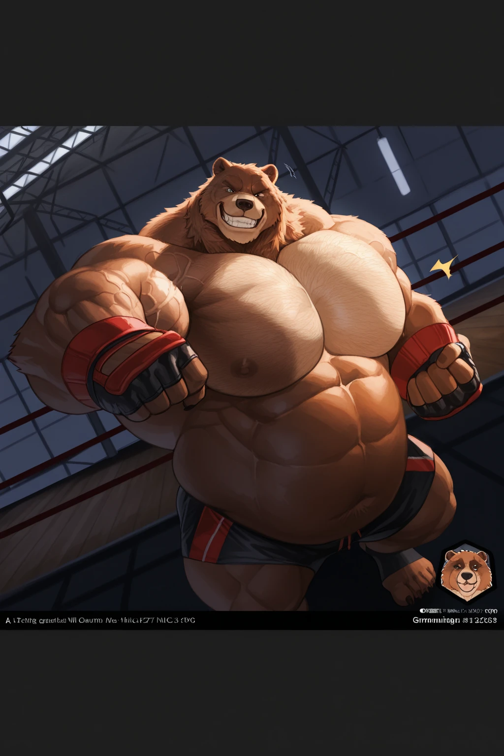 ((solo)), (anthro:1.2) bear (lora; baloo), adult, (athletic:1.4), (dense muscles), (super strong:1.4), (correct anatomy:1.2), (broad shoulders:1.2), (heavy build, massive body:1.6), (realistic fur, detailed brown fur texture:1.3), kickboxing martial arts tournament background (corner of the kickboxing MMA ring:1.6), photorealistic, (black compression shorts), (bare torso:1.4), (footwear:1.2), (detailed kickboxing martial arts black shorts), hyperrealistic, ultradetailed, (by wfa:1.2), (by takemoto_arashi, by vorusuarts, by Traver009:1, by grimfaust:1), natural lighting, (oiled up:1.4), ursine head (open eyes, brown mane), (sexy:1.2), ((serious smirk:1.4) expression), (flexing:1.4), (view from center:1.4)
