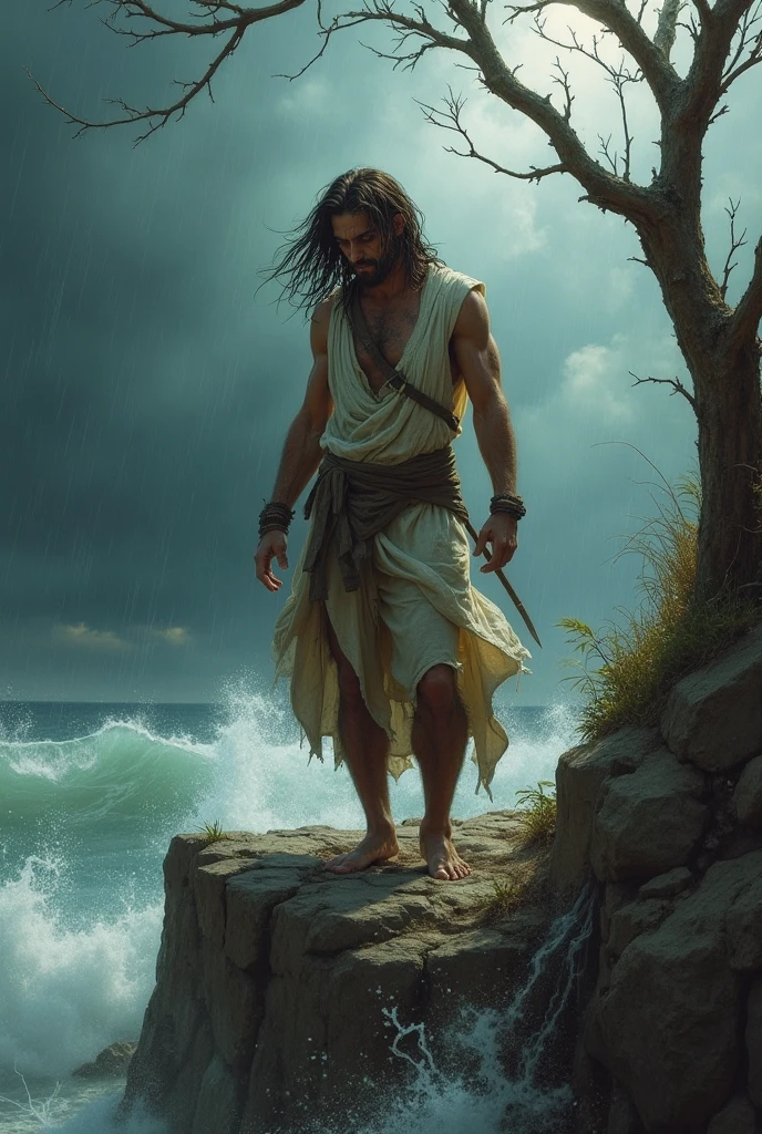 Jesus, serious face, coming out from the sea, sunny day, sunny background, UHD, side lighting, ultra realistic, ray tracing, full body must be shown