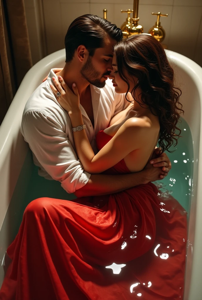 A handsome man in white shirt wet in water holding a beautiful woman in red gown wet in water lying in a bathtub hugging.