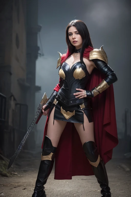 Bayonetta from Bayonetta 3 in Nordic armor with red cape with black-bladed swords in hands