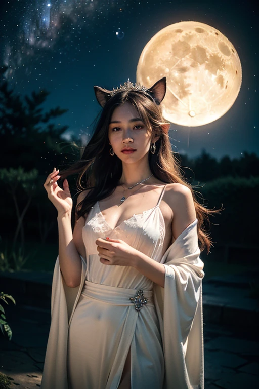 Hannah, exudes a touch of tranquility and mystery as she stands in the star garden of Elsoria. Dressed in an elfin gown woven from elegant fabric that shines like moonlight, her figure is further accentuated, adding otherworldly charm to its overwhelming presence, shimmering with each gentle breeze that caresses her. The serene expression on her face, with its piercingly deep-set eyes, captures the attention of all who behold her, their petals reaching towards her as if in reverence. The night is