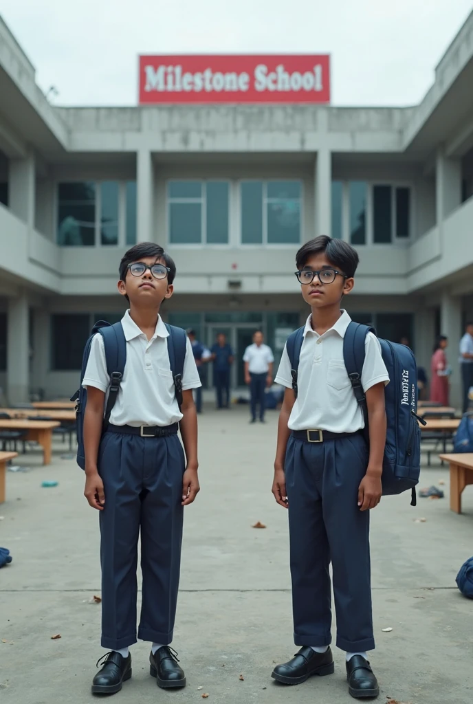(photorealism:1.2) A indian tan boy in glasses in student uniform 2 girls in school uniform tying 2 braids, one tan and one fair in glasses tying rakhi to the boy its is a school scene 