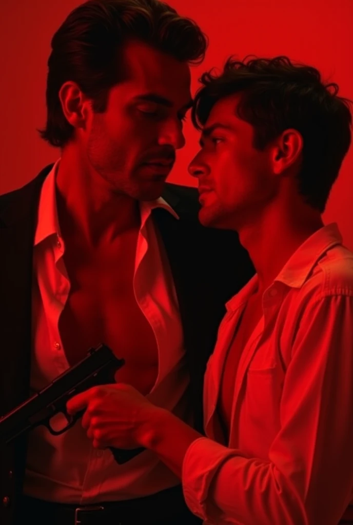 two arafed men in underwear standing very close and trying to kiss each other in a window with red light, atmospheric red lighting, red lighting, red and cinematic lighting, scene from fightclub movie, red light from some windows, inspired by Nan Goldin, against a red curtain, cinematic red lighting, dim red light, detailed red lighting, red light, red room, film still from sin city