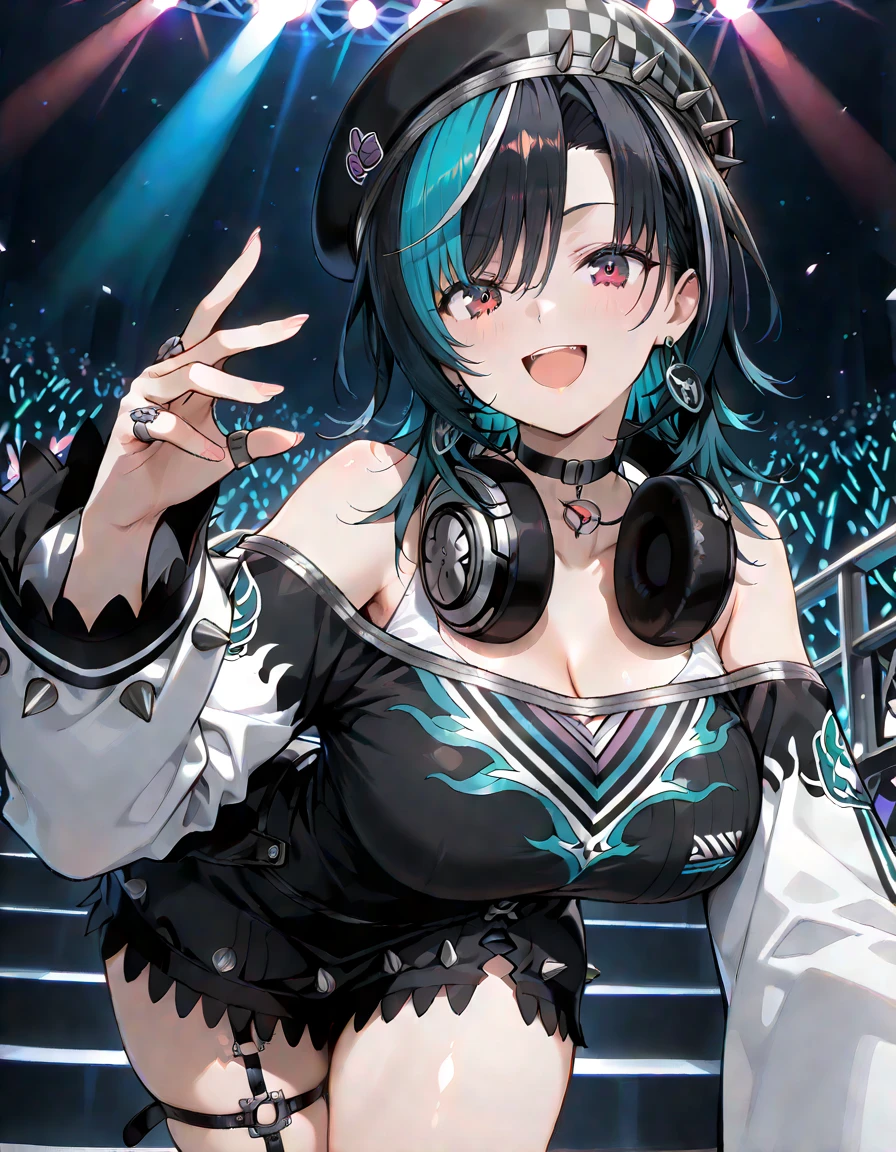 1 girl,Clean hands、Put on your headphones,(Black Hair Girl),,Big Breasts,DJ,DJ Booth、Riding the music、club、((Night Live House、Red laser light、Blue laser light、random laser point、Virtual space、Golden laser beam、Purple laser light、DJ、Live Stage))