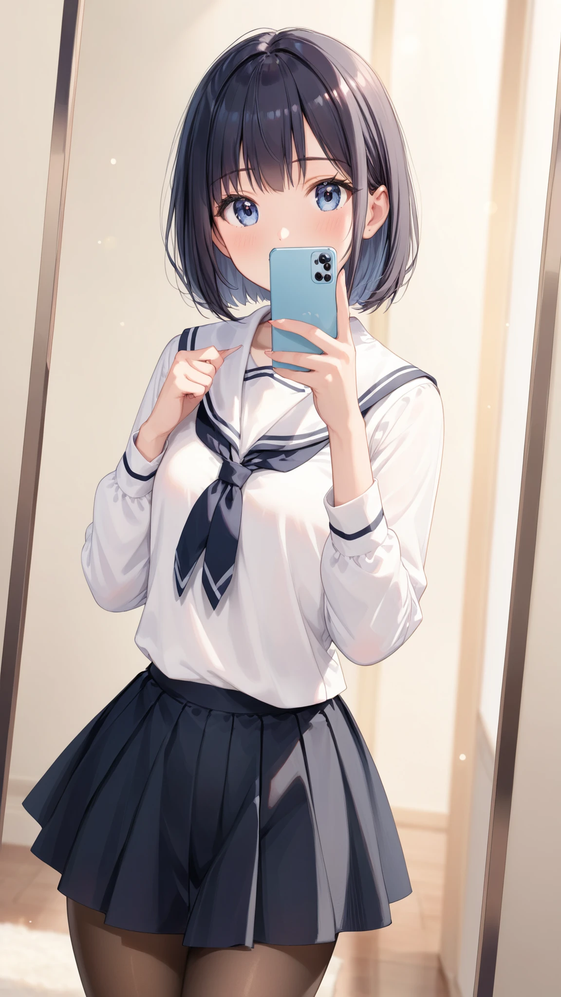 slf、selfie、upper body portrait、Animated Illustration、Soft Lighting、soft shadows、Cute Girl、Black Bob Cut、wolf cut hair、Lighted hair、flat chest、Summer school uniform、black pantyhose、Slightly thick thighs 、 no shoes 、holding a smartphone、Standing Pose、selfieしている、cute eyes、Beautiful Eyes、big eyes、
-- dreamy atmosphere, soft watercolor texture, pastel colors, gentle expression, light background blur, shallow depth of field, soft focus, subtle bokeh, soft lighting, anime-style illustration