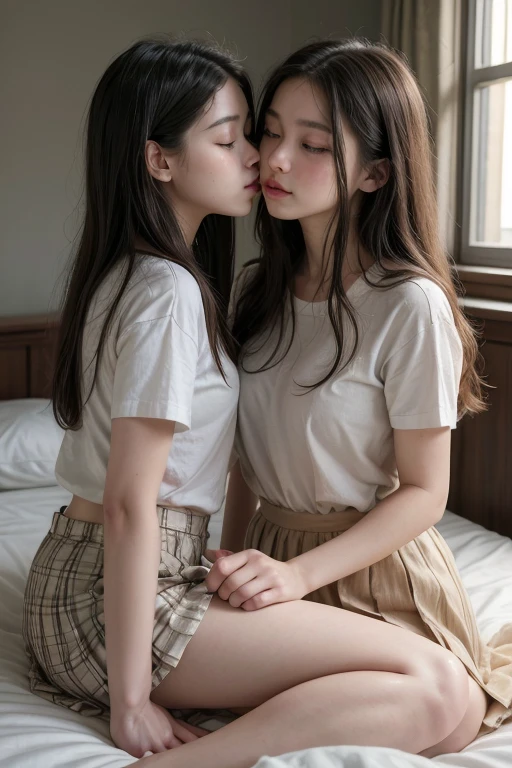 twogirls, kissing, small, Kiss, they wear a short skirt and shirt, longye hair