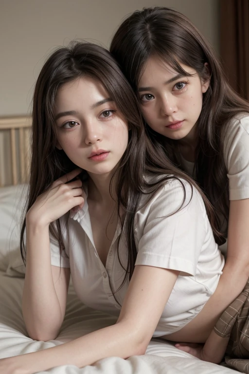 Two young women aged 21 and 16, standing in the living room, hugging each other, looking at the camera. 