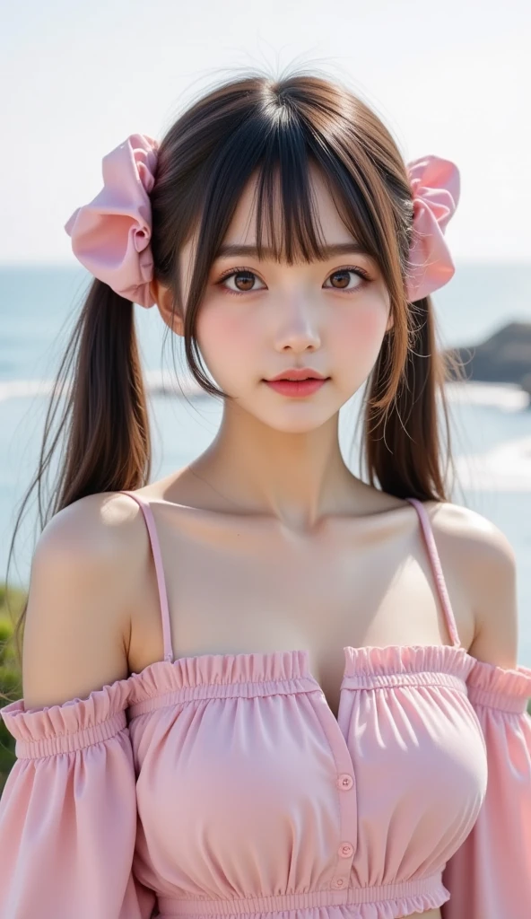 2girls , (couple focus:1.4), classmates, Adorable, Lori, 14years, Upper body, japanaese girl, cheek-to-cheek, Ruffled Summer Dresses, Leaning forward, Twin-tailed, Beach, (Smile:0.7), hair scrunchie, Low contrast, Best Quality, 超A high resolution, photographrealistic, ultra-detailliert, 8K, Raw photo,downbrouse, (cleavage:1.0)、Physical education sitting