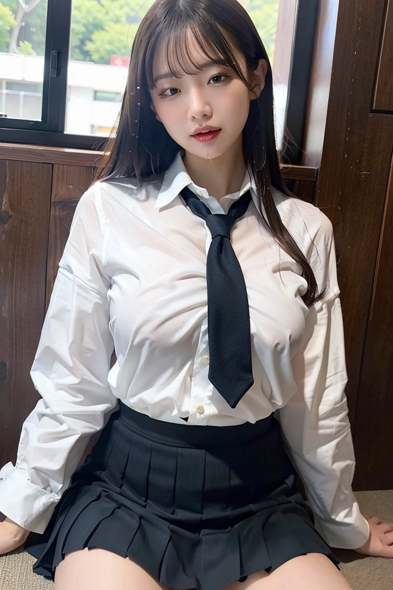 absurdres, RAW photo, extremely delicate and beautiful, masterpiece, Best Quality, ultra high resolution, 32k, hyperrealistic, ultra-detailed, perfect figure, in her 20s, very small head, very small face, delicate facial features, tearful mole, earring, huge breasts, huge breasts, full body shot, whole body shot, medium hair, black hair, school_uniform, legs,