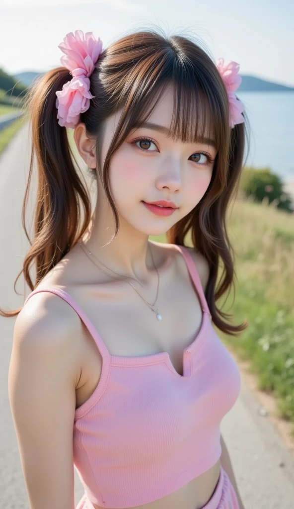 Kim Jennie with white brown hair, with curlers at the ends, with two bows on each side of the hair, all her white hair brown, with a star clip in her white brown hair, light colored eyes, Beautiful eyes, crying eyes, Beautiful, splash nose, watery nose, Beautifuls labios, pink lips, heart and cupid shaped lip, Beautiful skin, pale, White skin, with moles and freckles all over his face, soft pink blush on cheeks, natural pink blush, soft pink makeup, Jennie, Nice neck, marked collar, frown, tender look, with a kiss necklace, a Beautiful kiss necklace, similar a Yumeko Jabami, while wearing a short pole with the top raised, while the pole is raised, with short shorts, while having a bare abdomen, showing off her navel and her slender waist, Delgado, marked and Beautiful, (big breasts, soft breasts, Beautifuls pechos), while she cosplays the character Yumeko Jabami, The anime Kakegurui., looking to the camera