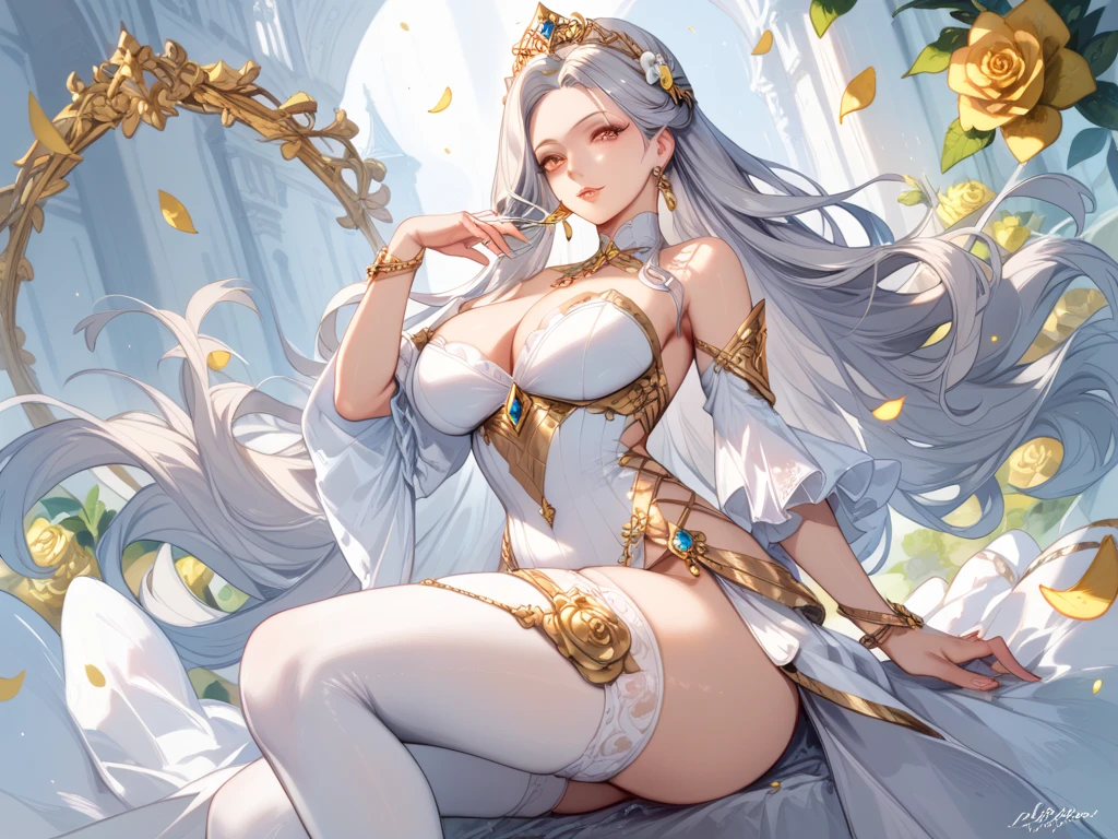 realistic, high resolution, 1 woman, mature woman, alone, Tattoo, gray hair, long hair, assembly, red lips, queen dress, Image from head to toe, only standing, standing full body image, realistic, high resolution, 오직 1 woman, 오직 alone, look at the viewer, (detailed face), gray hair, silver hair, long hair, feet up, beautiful eyes, Huge big breasts that are about to explode, golden armor, BLACK & GOLD gi, transparent, pantyhose, bare shoulders, Dripping tops, Visible nipples, look at the viewer, Orientalism, My chest is very hollow, breasts fully exposed, glamour, K cup, Bewitching, Crotch that is barely visible, ancient japanese background, realistic hands, realistic feet and legs, live action, Banla, masterpiece, very pretty face, Exposed breasts, 2 hands with 5 fingers each, Two feet with five toes each, Yukdeok, Waiting for voluptuousness to begin