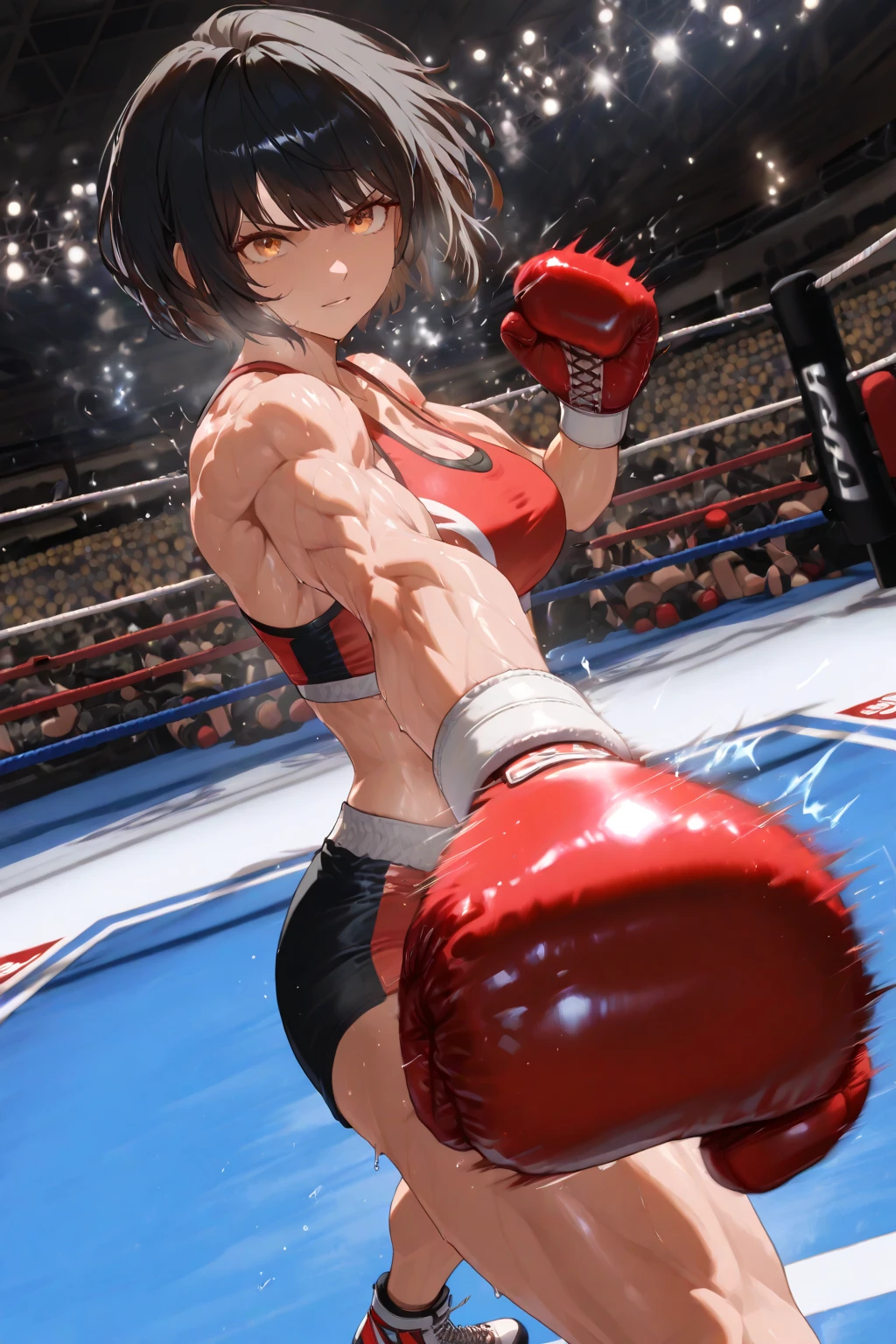 Drenched in sweat. You are competing in a mixed martial arts ring. She is being punched by her opponent. She is bending over with her eyes closed. Cute Japanese high school girl with short-cut black hair. She is out of breath with her mouth open, wearing a sports bra, high-leg shorts, and open finger gloves. Small breasts, poor belly, slender body, poor body.