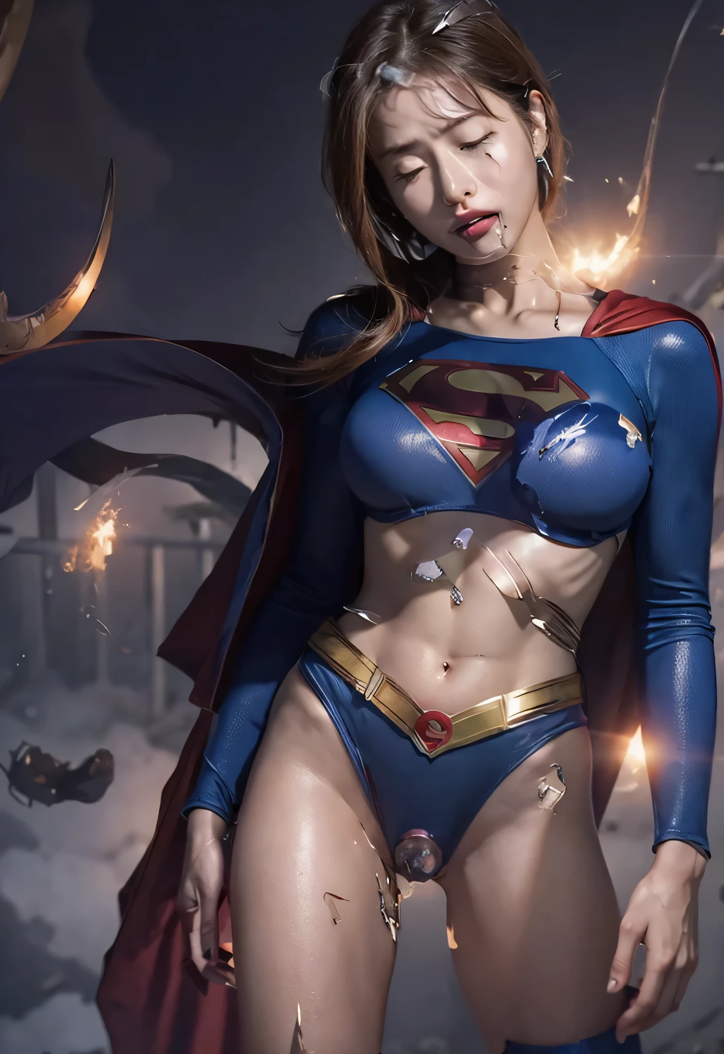 (Supergirl costume dress)、small tits、((nsfw:1.4))、curly hair、voluptuous、gold hair、outdoors、(breast focus:1.1), (bare breast:1.2), (standing nipple:1.2),squatting, pussy juice ((riding a dildo)), dildo insert pussy, ((open vagina, vivid pussy, high quality vagina))、fucked silly