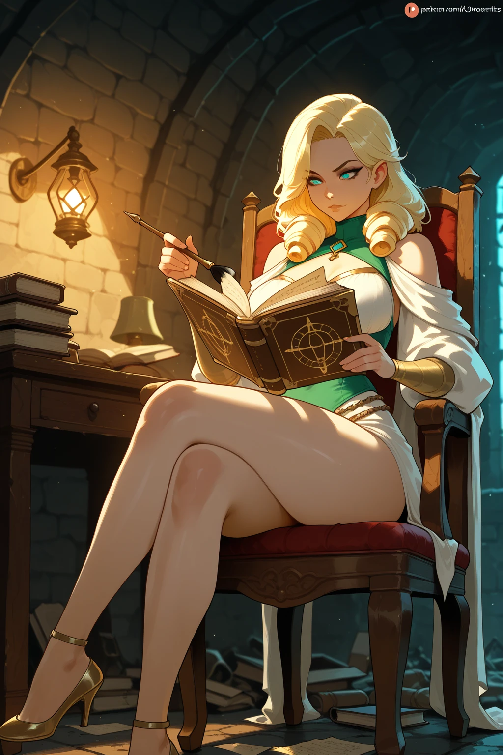 (((Masterpiece, highest quality, high definition, high detail)))), one, ((fantasy)))), (elf woman)))), (white short skirt with gold embroidery), (blonde long straight hair), (glossy dark green eyes), (green surcoat with gold embroidery), big, (((National Library of the royal capital)), (A large space with a lot of books)), sit in a chair and read a book , Particles of light flying, smirk, sultry look, seductive,  seductive,  sultry look, seductive,  smirk, , inviting smile, 
