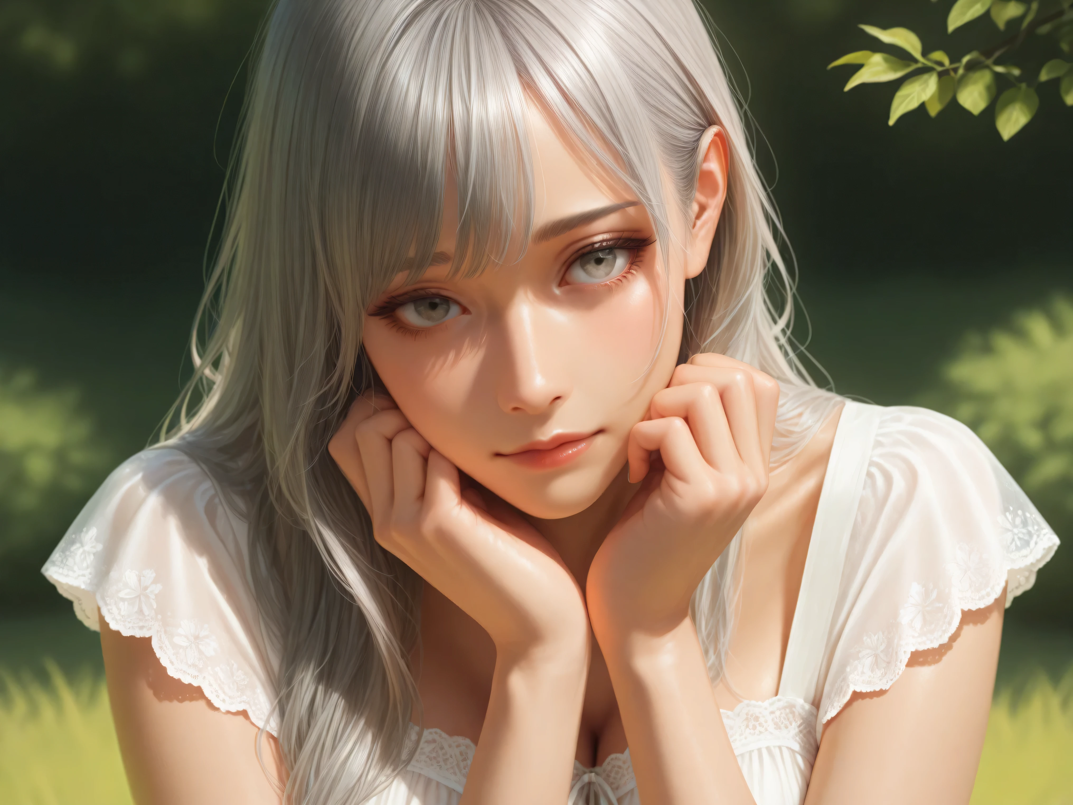 girls,gray hair,Long Hair,simple clothes,High Quality,4K,Realistic,delicate texture,long silky hair,calm expression,ragged pose,Soft Light,warm indoor,Early summer sunshine ,Delicate clothing,Delicate Details,Digital Illustration