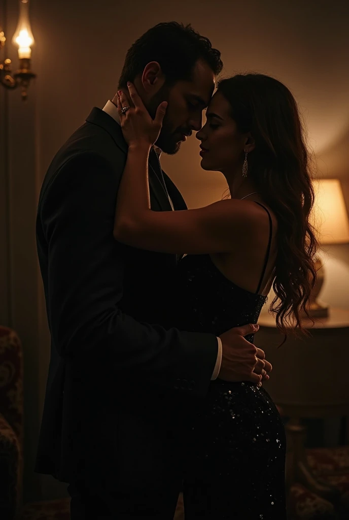 Full-body picture of Melanie Scrofano as Wynonna Earp and Shamier Anderson as Xavier Dolls, both from the Syfy television series "Wynonna Earp", sharing a steamy kiss atop a king-sized bed inside a bedroom lit only by candlelight. Melanie has lovely makeup on her face. Nighttime. Romantic ambiance. Symmetrical eyes. Symmetrical faces. Lovely details. Photorealistic. Full-colored photo. Professional photo. Highly detailed 8K.