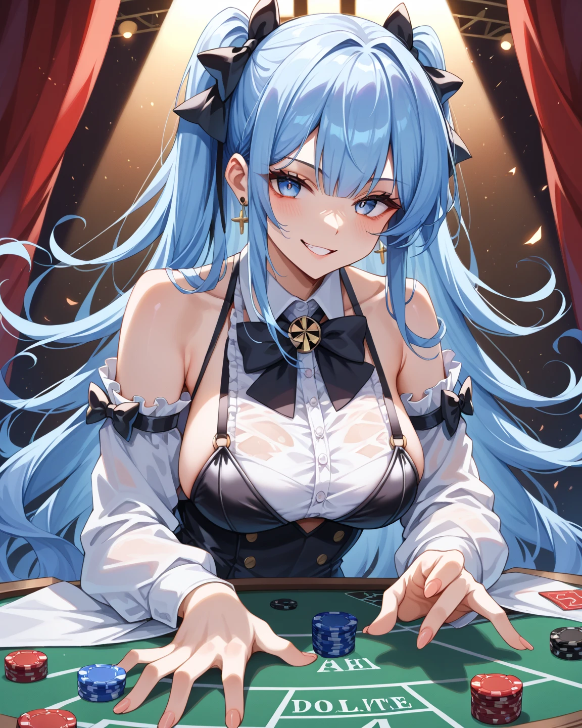 NSFW,masterpiece,Highest quality,High resolution,Super detailed,Roxy Migurdia\(Mushoku Tensei ～If you go to another world, you'll get serious～\),Small breasts,Blue Eyes,Blue Hair,Long Hair,Braid,Twin Blade,(Quality Playboy Bunny),White fishnet stockings,Iron Collar,(Ahegao),Astonishment,Embarrassed,sexual excitement,Estrus,blush,((Squirting)),Sweat,heart,casino,(male),Having sex,Insert,Creampie,Are standing,forward leaning posture