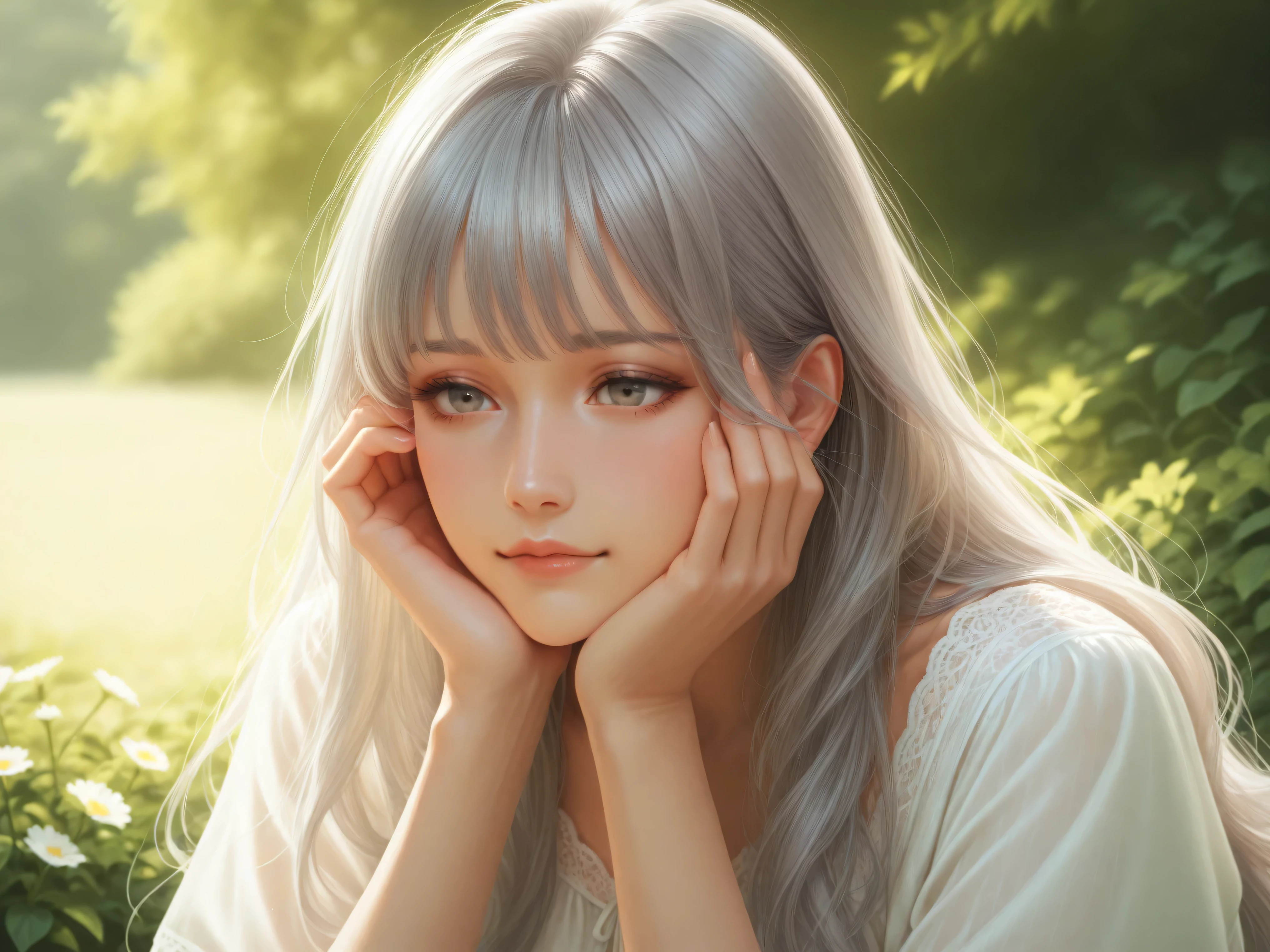 girls,gray hair,Long Hair,simple clothes,High Quality,4K,Realistic,delicate texture,long silky hair,calm expression,ragged pose,Soft Light,warm indoor,Early summer sunshine ,Delicate clothing,Delicate Details,Digital Illustration