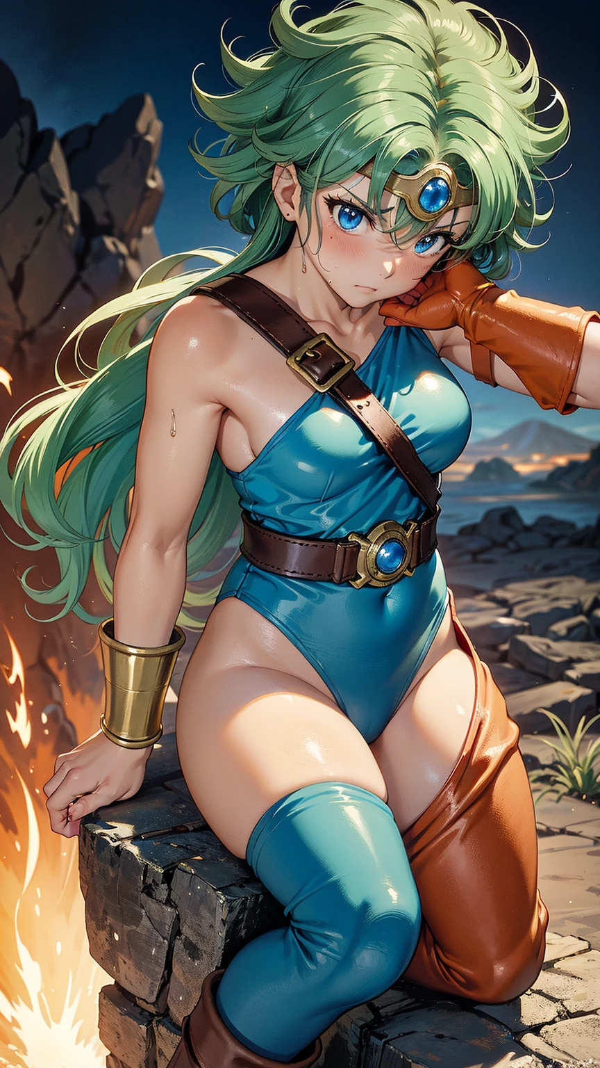 Animation worksAnime works masterpieces,most、high quality, Unreal Engine, Ultra-high resolution, Very detailed丸い胸, Medium bust 1 person, waist, Thin,(muscular:0.9)
Actress,
ring, curls, Green hair, short hair, Asymmetrical cloThing, tights, sash, One-handed gloves, single sleeve, single thigh high hole, Holding a sword, . anime style, key point, energetic, Studio anime, Very detailed、 my life is about to run out. broken equipment. Kneel down on one knee. Under enemy fire.The tights is torn to pieces.