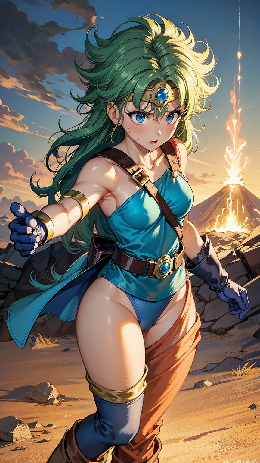 female captain planet, leotard, midriff, green hair, gloves, boots, bare legs