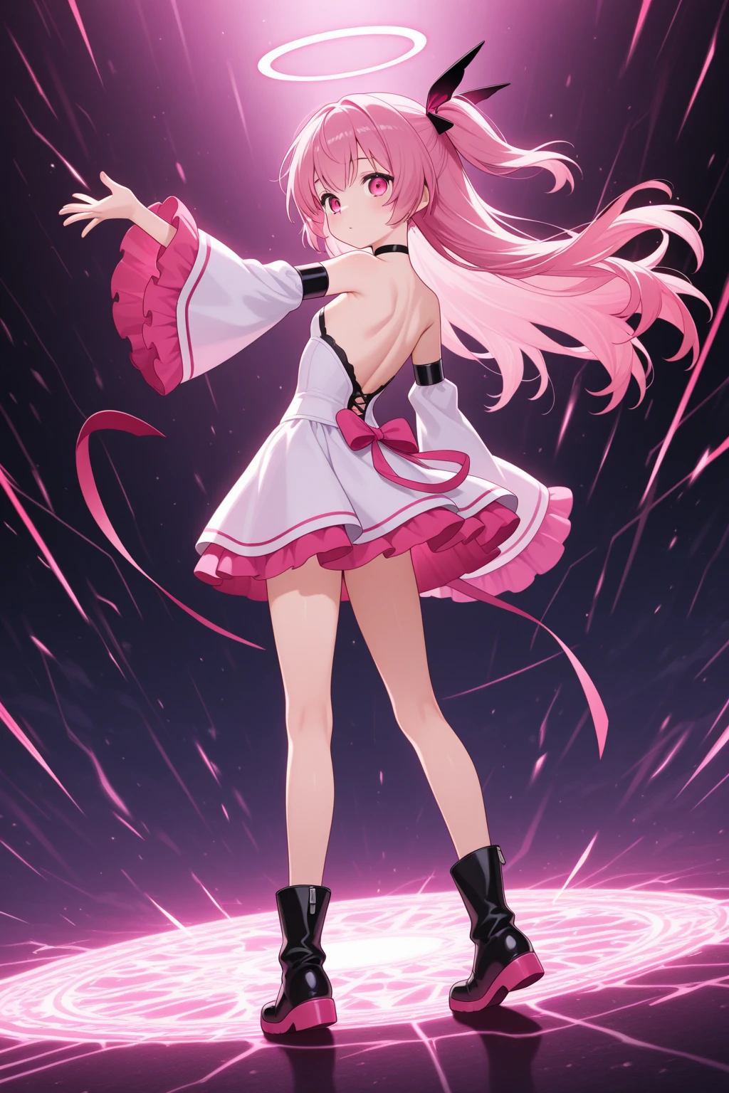 1 girl,amazing quality, aesthetic, aesthetic,ultra-detailed face,detailed eyes,red eyes,heart-shaped irises,16yo,lash extension,pink hair,long twin tails,(psychedelic,magical girl:1.2),Heart shaped brooch,dynamic pose,boots, kicking,smile,looking at viewer,from above,(Meteor shower,star and hart effect:1.3),masterpiece,8K,top quality, highly detailed illustration