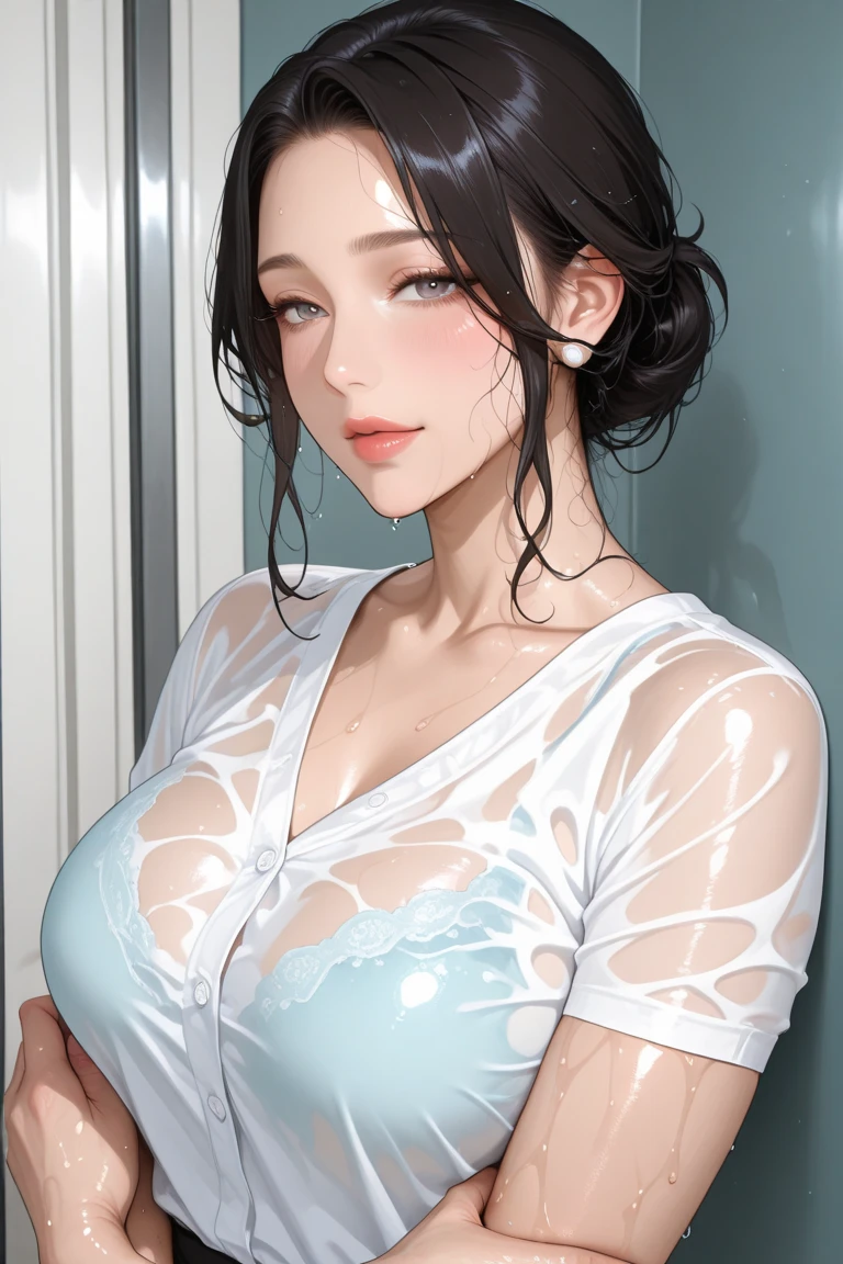 1girl, korean cows age 17,happy very detailed face,sexy,he tall,super big breast,(P cup),sexy cows pose photos, cows sexy,transparent cows t-shirt outfit,and transparent white mini skirt cows outfit,full body wet water,in cages,long black wet hair,rain,girl hold a cellphone and selfie
