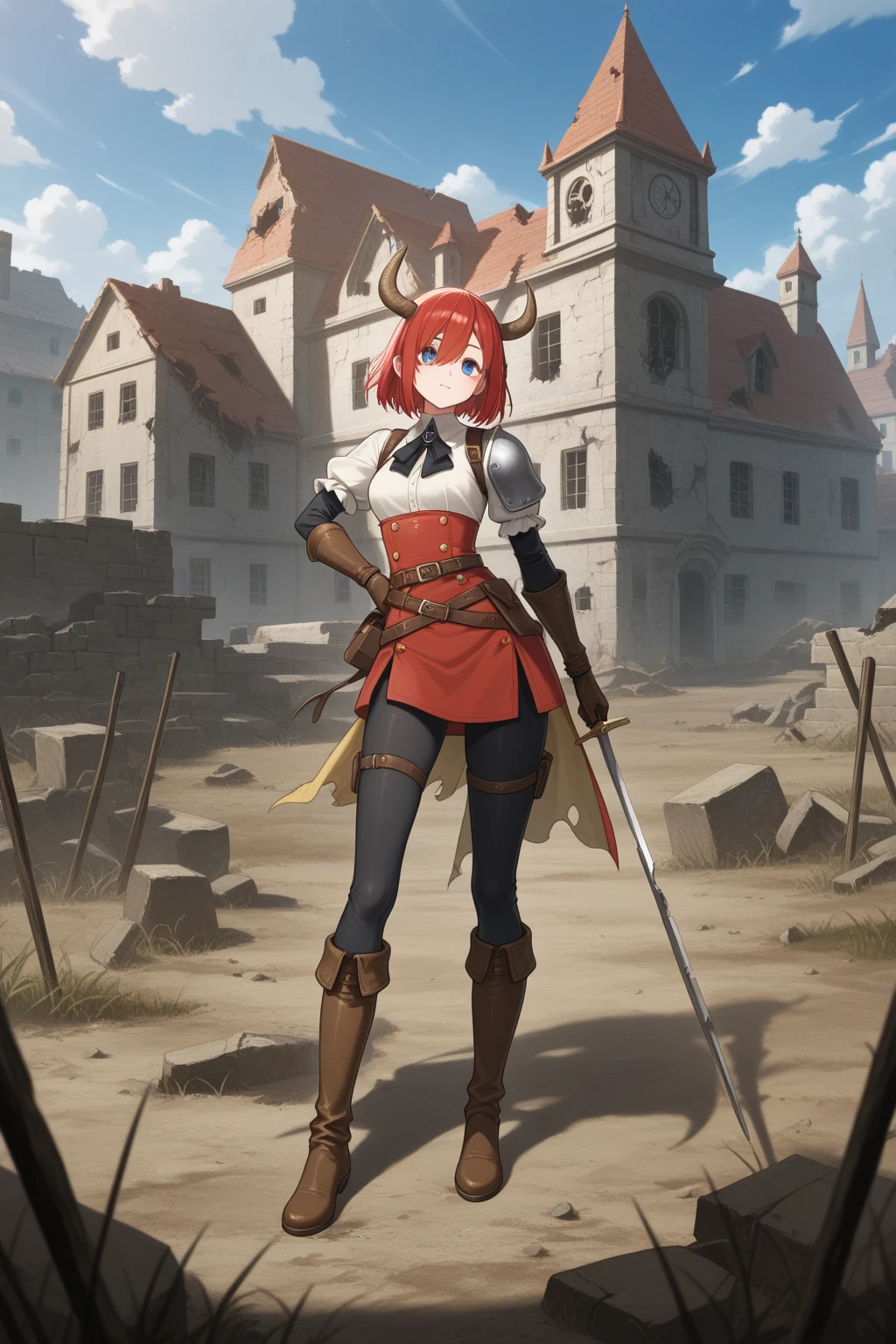 One young Korean woman with golden eyes and lush red hair and large horns, wet bronze skin, huge chest, wearing a blue coat with black fur and rolled up sleeves, steel silver heavy armor, wide leather red belt with large gold yarn, leather black pants, leather gloves, a hiking backpack, stands in the middle of a meadow blooming with flowers against the backdrop of high mountains and forests, not two characters,