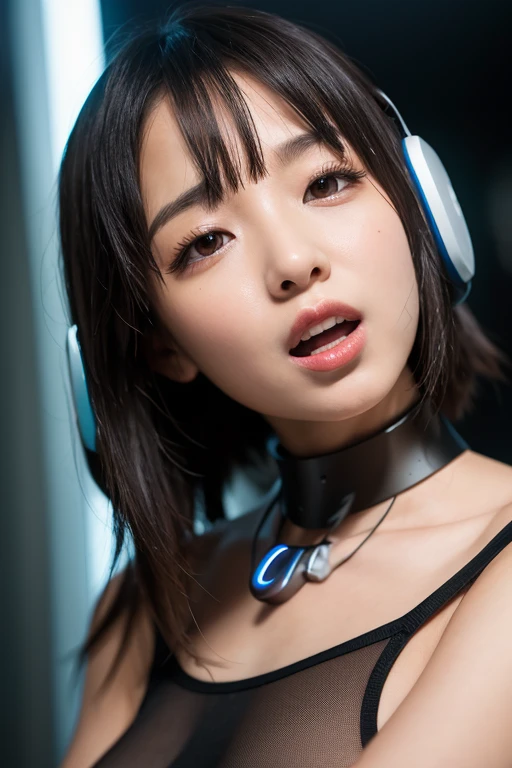 (RAW quality:1.4), masterpiece, 1 beautiful girl, Detailed eyes, Swollen eyes, highest quality, 超A high resolution, (reality: 1.4), Cinema lighting, Japanese, Asian Beauties, Very very beautiful, Lovely、Beautiful skins, Slender, Forward-facing body, (Ultra-realistic), (High resolution), (8k), (Very detailed), ( Best illustrations), (Beautiful and detailed eyes), (Ultra-detailed), Detailed face, Bright lighting, Professional Lighting、The background is a cyberpunk room with many monitors...........、The cord is connected to the costume.、Long hair color pink、Put the headset on your head、Small tattoo on face、Hmph、Staring at the audience