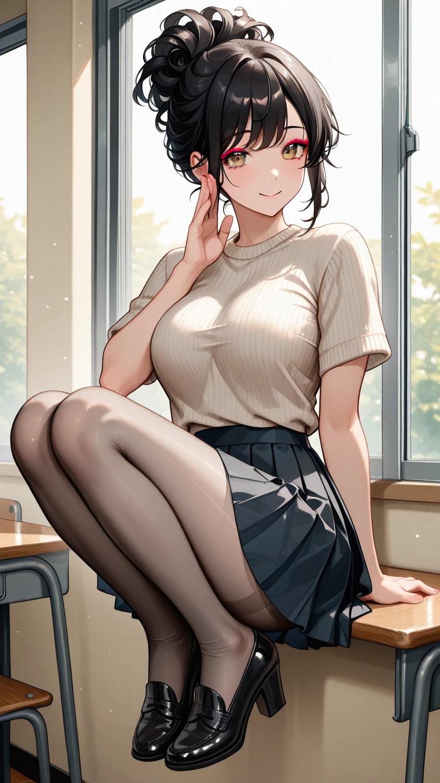 short skirt knee-high sock,soff-shoulder sweater choker large breasts, slim waist, large ass, slender legs high heels